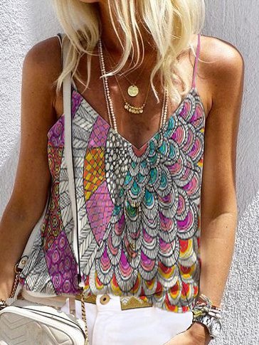 

Spaghetti Cotton Casual Shift Shirts & Tops, As picture, Tops