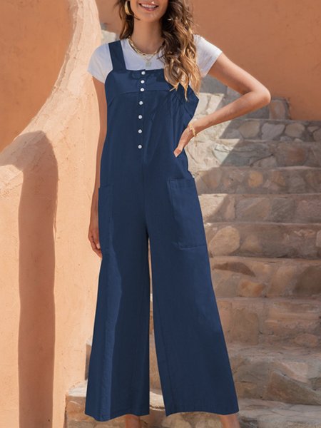 

Spaghetti-Strap Pockets Casual Jumpsuit & Romper, Navy blue, Overalls
