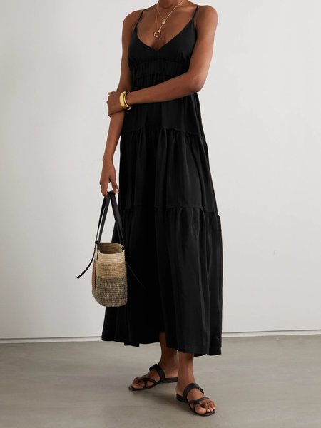 Casuale senza maniche Scollo a V taglia grande Abito, Nero, Maxi Dresses