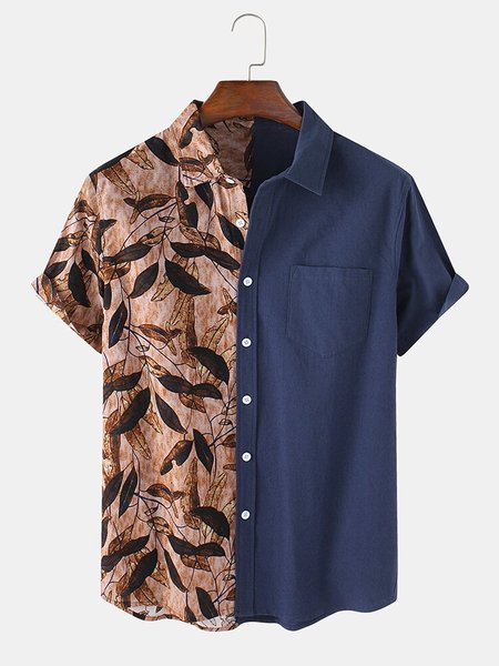 

Men's Printed Basic Leaves Shirts, Blue, Men's Floral shirt