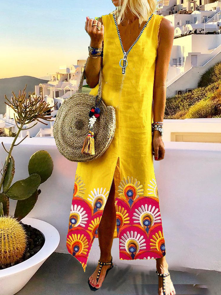 

Scollo a V senza maniche Abito, Giallo, Maxi Dresses