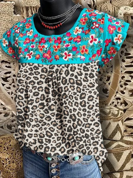 

Vintage Crew Neck Printed Short Sleeve Shirts & Tops, Blue, Blouses & Shirts