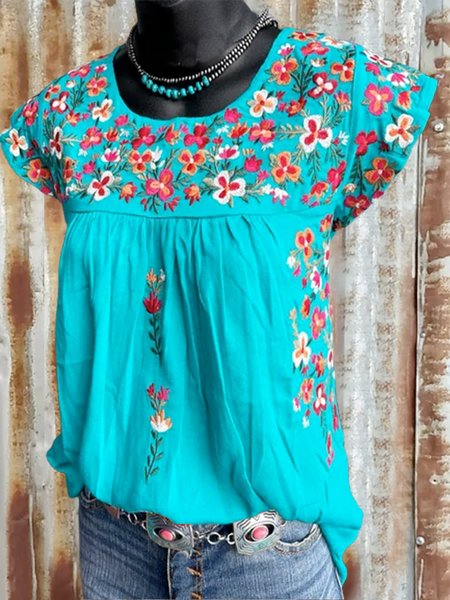 

Short Sleeve Floral Casual Shirts & Tops, Turquoise, Blouses & Shirts