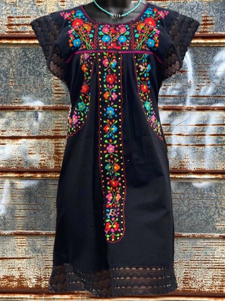 

Floral Short Sleeve Vintage Crew Neck Dresses, Black, Auto-Clearance