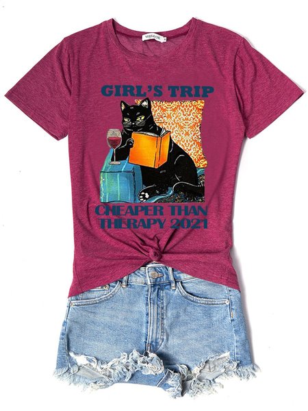 

Girl 's Trip Short Sleeve Casual Crew Neck Woman Tee, Burgundy, T-shirts