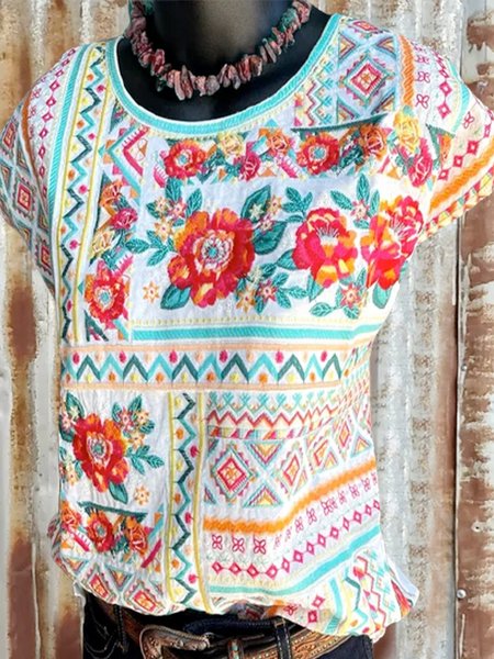 Camicie & Top Geometrico Fiori Casuale Misto Cotone, Bianco, Blouses & Shirts