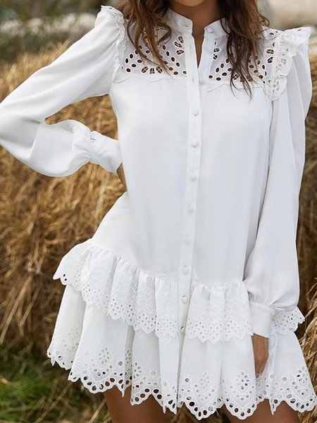 

Vintage Stand Collar A-Line Plain Mini Dress, White, Mini Dresses