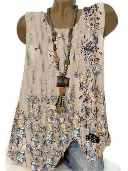 

Camicie & Top Stampato Floreale Casuale Girocollo, Cachi, Tank Top
