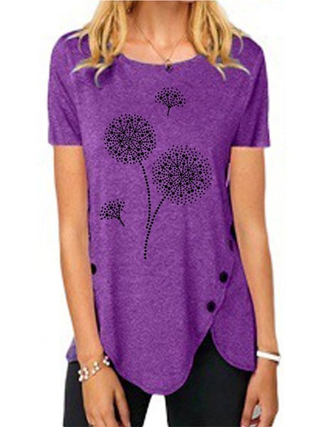 

Vintage Dandelion Floral Printed Plus Size Short Sleeves Crew Neck Casual Tops, Purple, Blouses & Shirts