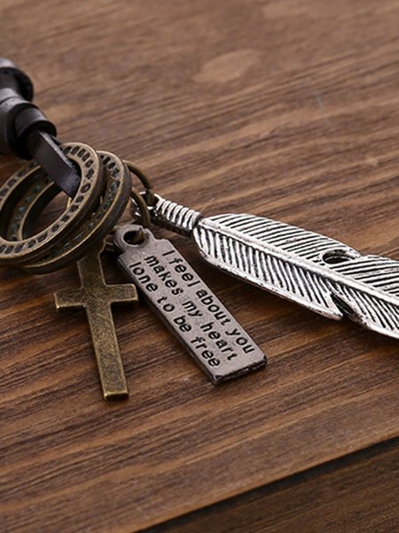 

Vintage Alloy Feather Leather Necklace, Silver, Tops