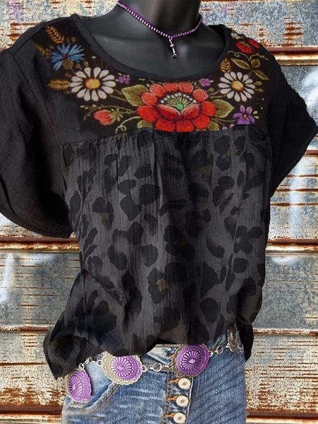 

Cotton-Blend Vintage Color-Block Floral Shirts & Tops, Black, Auto-Clearance