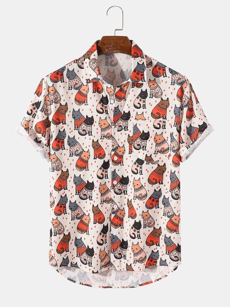 

Cat Printed Casual Shirts & Tops, White, Short Sleeves Shirts