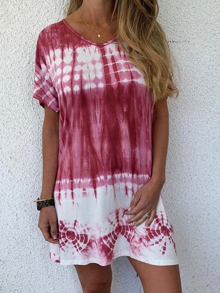 

Short Sleeve Cotton-Blend Casual Knitting Dress, Red, Tie dye dress