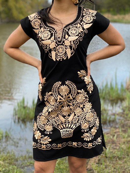 

Short Sleeve Tribal Casual Polyester Cotton Dresses, Black, Dresses