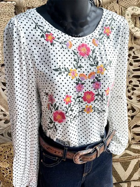 Maniche Lunghe Fiori a pois Chiffone Top, Bianco, T-Shirts