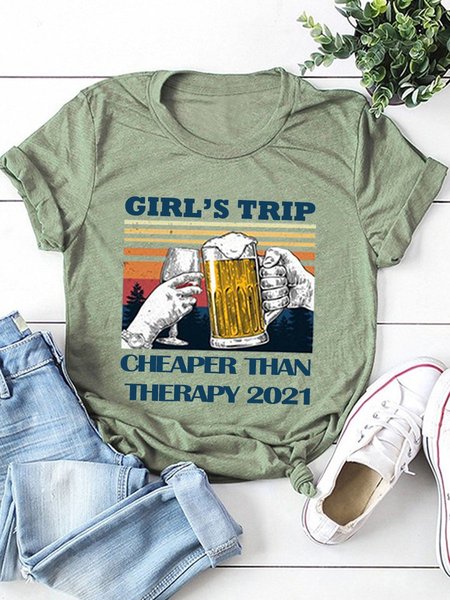 

Girl 's Trip Short Sleeve Casual Crew Neck Woman Tee, Green, T-shirts