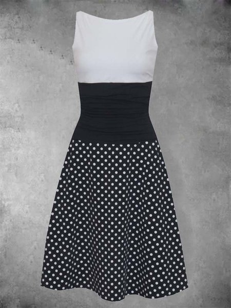 

a pois Misto Cotone senza maniche Casuale Girocollo Abito, Nero, Mini Dresses