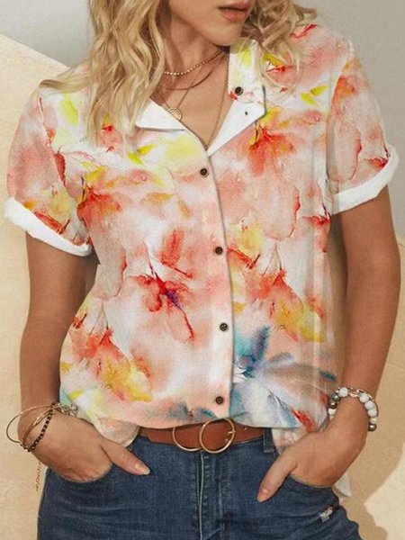 

Vintage Floral Printed Plus Size Short Sleeves Casual Shirt Tops, Flower, Blouses & Shirts