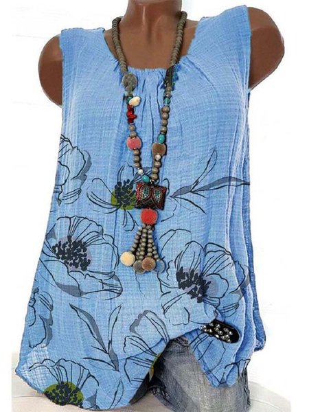 

Sleeveless Floral-Print Casual Shirts & Tops, Blue, T-Shirts