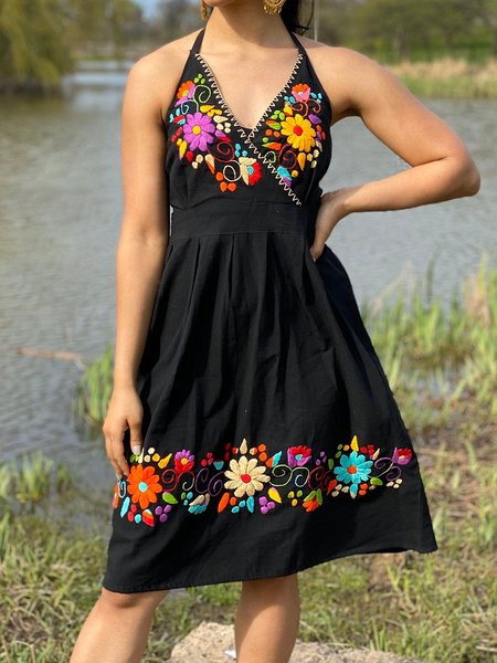 

Casuale Poliestere Cotone senza maniche Scollo a V Abito, Nero, Mini Dresses