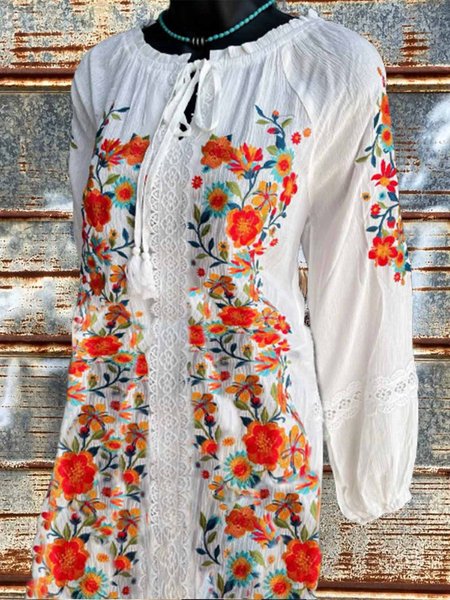 

Floral Crew Neck Long Sleeve A-Line Weaving Dress, White, Mini Dresses