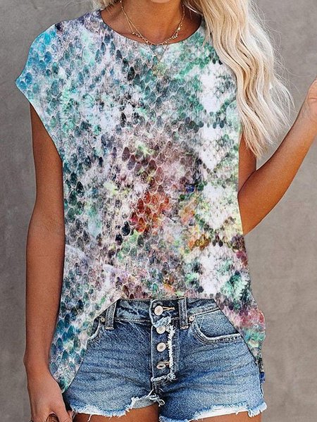 

Cotton-Blend Short Sleeve Crew Neck Shirts & Tops, Green, Printed T-shirts