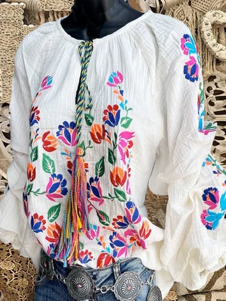 

Cotton-Blend Casual Floral Long Sleeve Tops, White, Blouses & Shirts