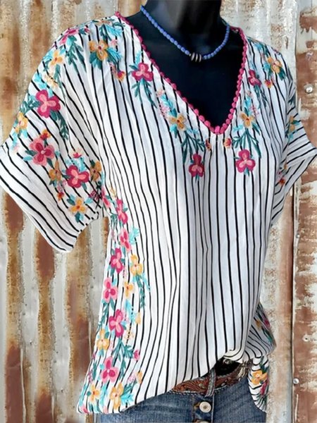 

Cotton-Blend Short Sleeve Stripes Tops, White, Auto-Clearance