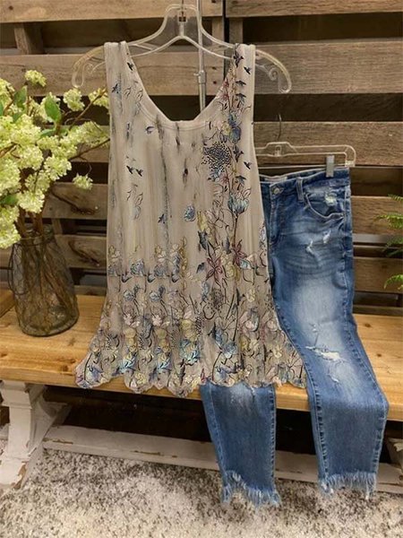

Stampato Floreale Senza Maniche Casuale Top, Cachi, Tops