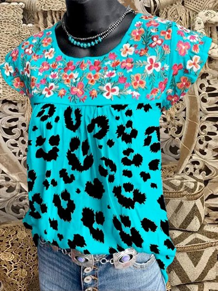Casuale Leopardo fiore Maniche Corte Camicie & Top, Turchese, Blouses & Shirts