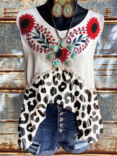 

Floral Cotton-Blend Sleeveless Crew Neck Shirts & Tops, Multicolor, Auto-Clearance