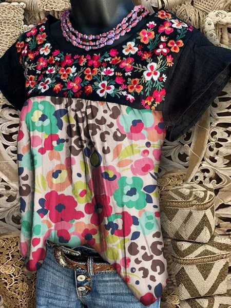 

Dritto Vintage Maniche Corte Stampato Camicie & Top, Nero, Blouses & Shirts