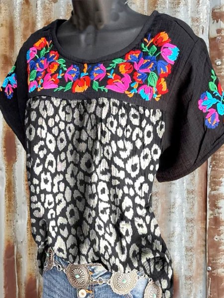 

Casual Short Sleeve Leopard Flower Shirts & Tops, Black, Auto-Clearance