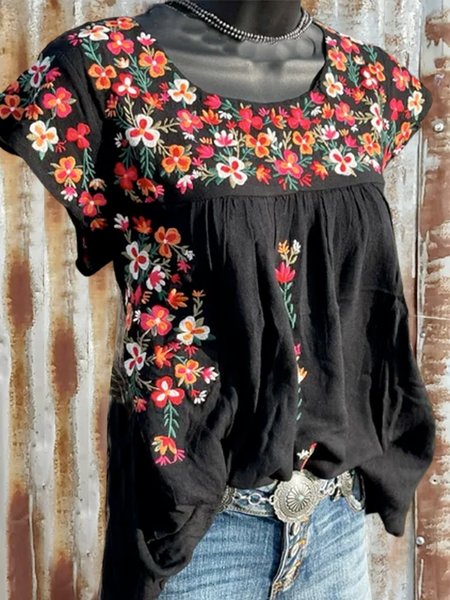 

Maniche Corte Floreale Casuale Camicie & Top, Nero, Blouses & Shirts