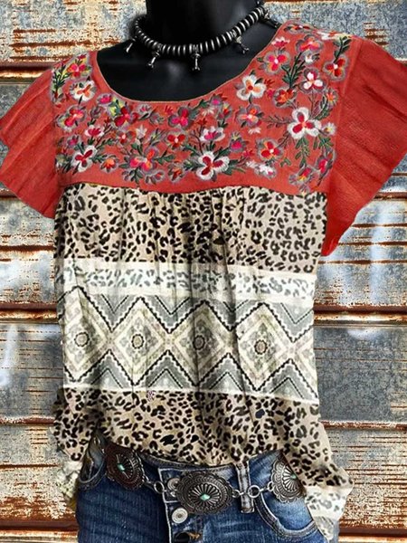 

Geometric Shift Cotton-Blend Short Sleeve Shirts & Tops, Red, Blouses & Shirts