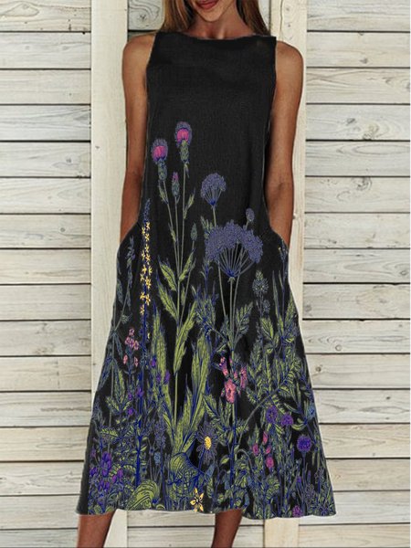 

Women Sleeveless Floral Printed Holiday Summer Dresses, Black, Dresses