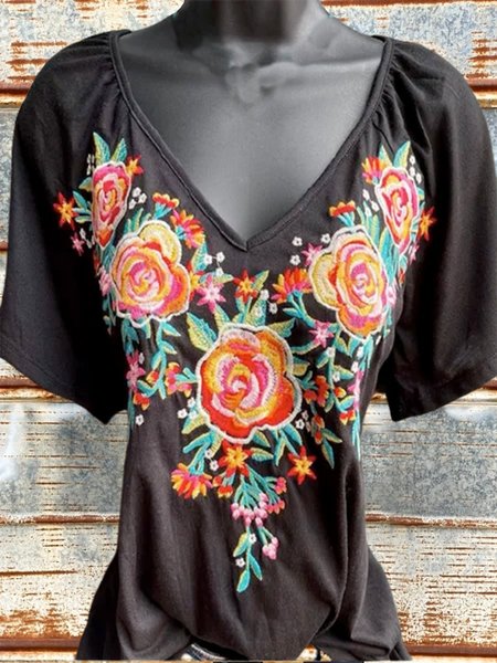 

Short Sleeve Floral Casual V Neck Shirts & Tops, Black, Auto-Clearance
