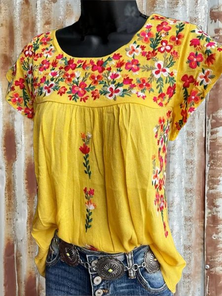 

Short Sleeve Floral Casual Tops, Yellow, Tops