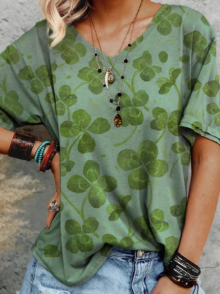 

V Neck Shift Short Sleeve Plants T-shirt, Olive green, Tops
