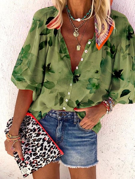 

Floral Cotton-Blend Casual 3/4 Sleeve Blouse, Green, Shirts & Blouses