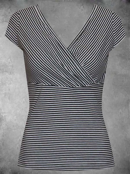 

Striped Casual Short Sleeve V Neck Shirts & Tops, Black, Auto-Clearance