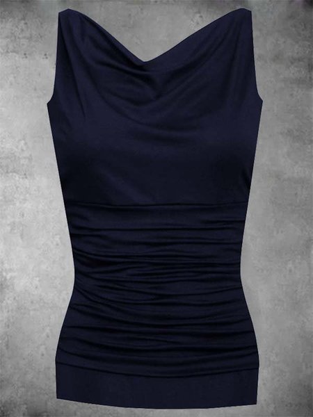 

Solid Casual Cowl Neck Sleeveless Shirts & Tops, Navy blue, Auto-Clearance