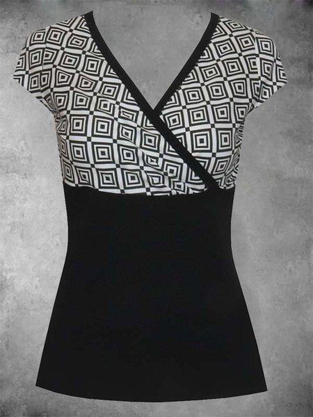 Casual V Neck Printed Short Sleeve Shirts & Tops, Black, Auto-Clearance