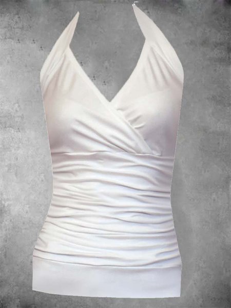 

V Neck Casual Solid Sleeveless Shirts & Tops, White, Auto-Clearance