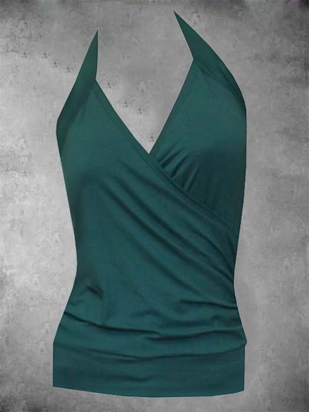 

Solido Scollo a V Casuale senza maniche Top, Verde, Blouses & Shirts