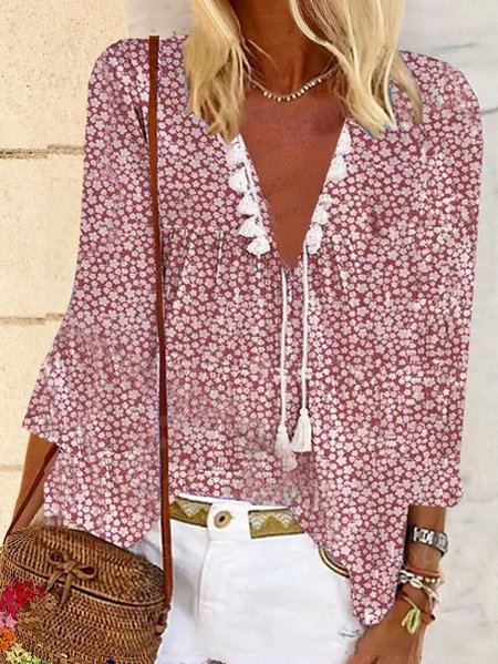 Bohemian 3/4 Manica Cotone Scollo a V Camicie & Top, Rosso, T-Shirts