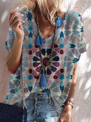 

Geometrico Maniche Corte Camicie & Top, Azzurro, T-Shirts