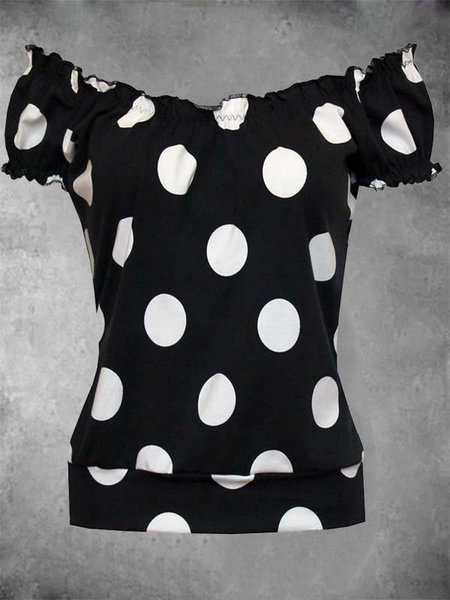

Maniche Corte a pois Casuale Top, Nero, T-Shirts