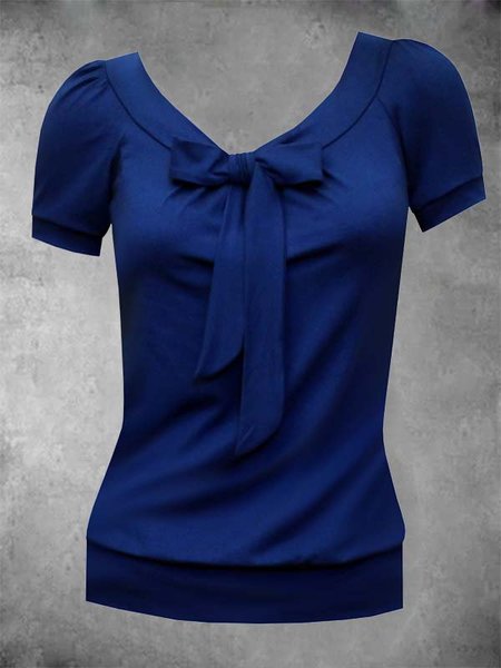 

Solid V Neck Short Sleeve Casual Shirts & Tops, Blue, Auto-Clearance