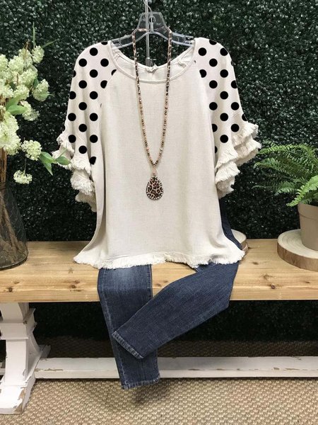 

Short Sleeve Casual Crew Neck Polka Dots Shirts & Tops, White, T-shirts